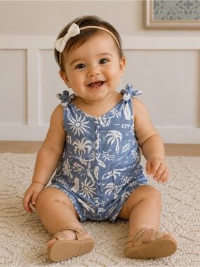 Grayson Mini Blue Palm Print Snap Bottom Romper 18M